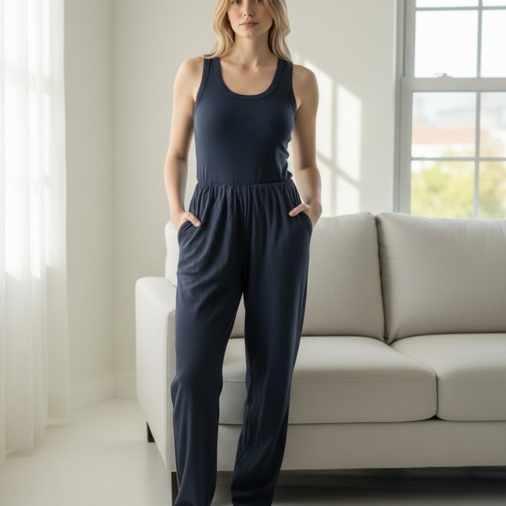 Sundry Womens Mixed Media Ribbed Racerback Jumpsuit Navy Blue Size S Made in USA